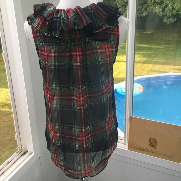 J.Crew Sleeveless Ruffle-Collar Tank & Button Up Black Red Green Tartan Camisole - Picture 4 of 13